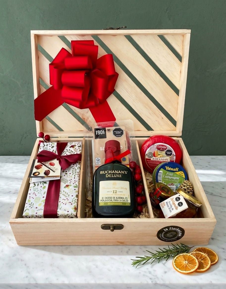 Ancheta Gift Box Buchanan's Deluxe: caja de madera con whisky Buchanan's Deluxe 12 años, jamón serrano, queso holandés y chocolates belgas